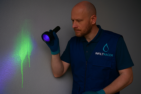 Graphic representing the use of uranine and UV light by InfilTracer®